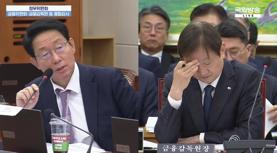 이찬진(오른쪽) 금융감독원장이 김상훈 국민의힘 의원의 질의와 관련해 자료를 살펴보고 있다. (출처=국회방송)
