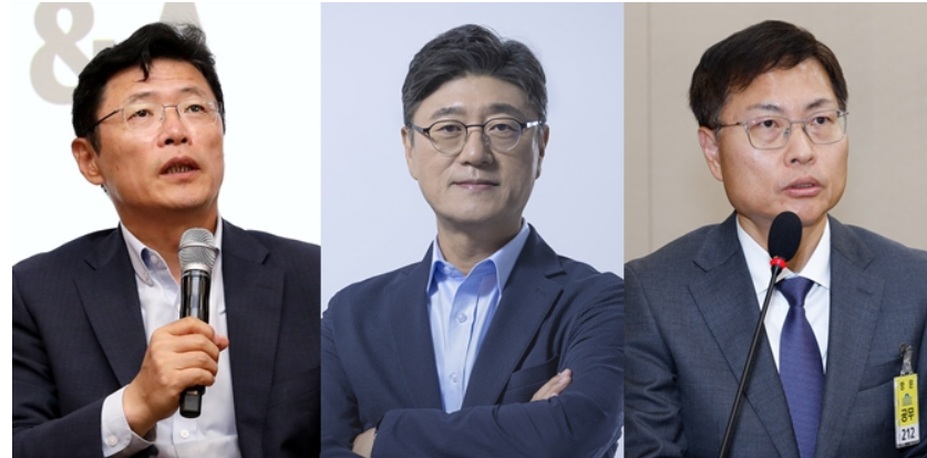 이형희(왼쪽부터) SK㈜ 부회장·정재헌 SK텔레콤 사장·강동수 SK㈜ 사장. (사진제공=SK그룹)