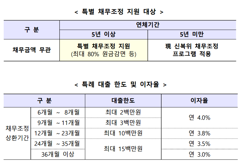 특별 채무조정 세부사항. (자료제공=금융위원회)