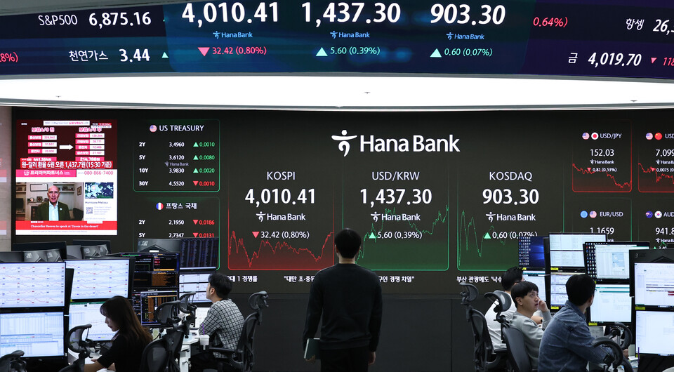 지난달 28일 오후 서울 중구 하나은행 본점 딜링룸 전광판에 코스피와 코스닥 종가 등이 표시되고 있다. (사진=뉴스1)