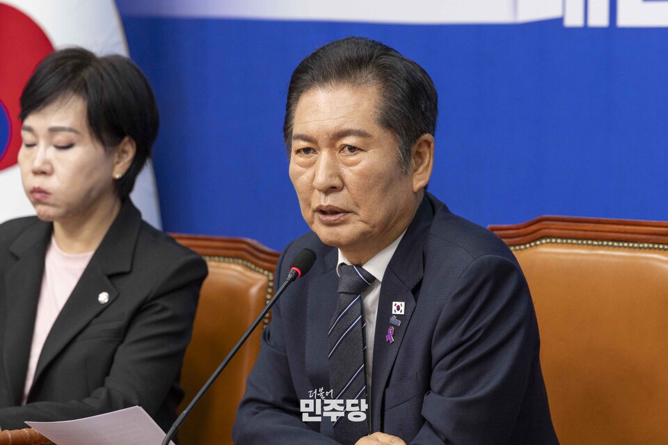 정청래 더불어민주당 대표가 서울 여의도 국회에서 열린 당 최고위원회의에서 발언하고 있다. (사진제공=민주당)