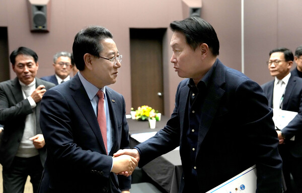 최태원 SK 회장과 김영록 전남도지사가 악수를 하고 있다. (사진제공=전남도)