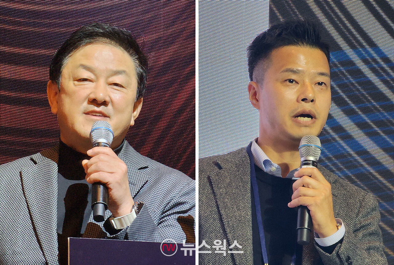 20일 금융정보보호 컨퍼런스 'FISCON 2025'에서 최재붕 성균관대 교수와 서병윤 DSRV 이사가 특별강연을 하고 있다. (사진=박광하 기자)