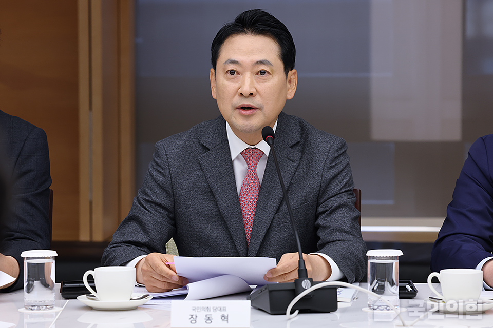 장동혁 국민의힘 대표가 지난 19일 서울 중구 대한상공회의소 챔버라운지에서 열린 최태원 대한상공회의소 회장을 비롯한 주요 그룹사들과 정책간담회에서 발언하고 있다. (사진제공=국민의힘)