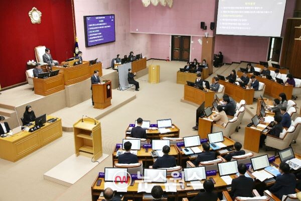 최대호 안양시장이 안양시의회 정례회에서 시정연설을 하고 있다. (사진제공=안양시)
