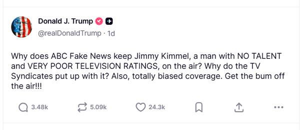 도널드 트럼프 미국 대통령이 자신의 트루스소셜에 지미 키멀을 비난하고 나섰다. (출처=트럼프 대통령 트루스소셜)