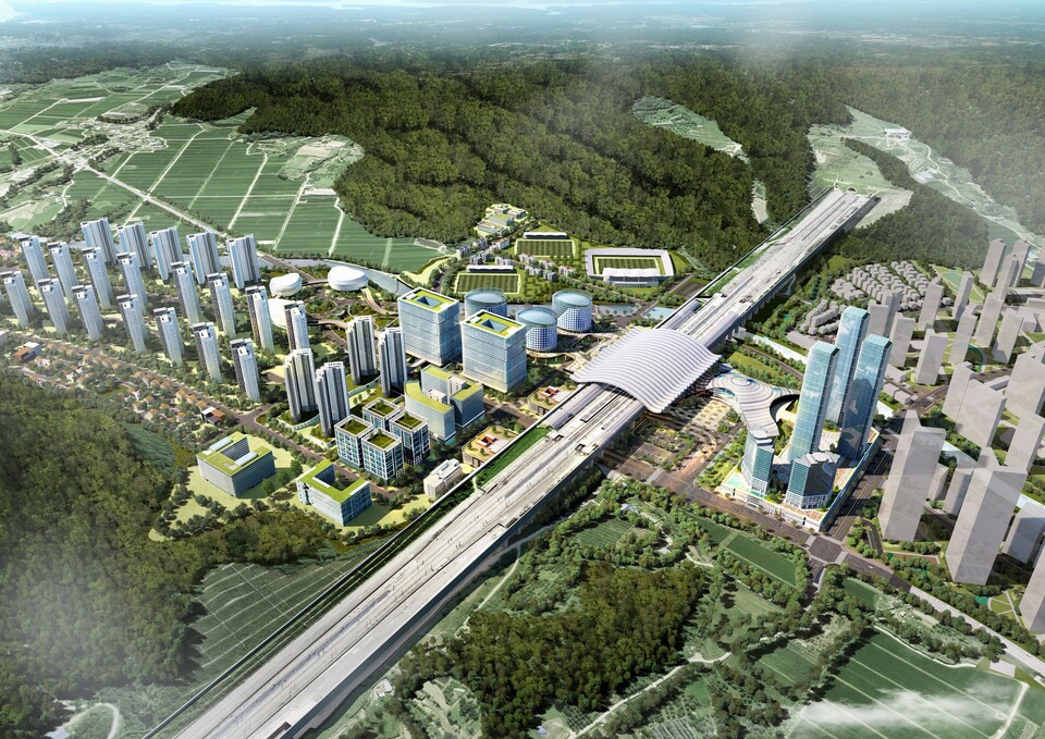 KTX 경주역 일대 역세권 지구 전경 및 사업 조감도. (사진제공=경주시)