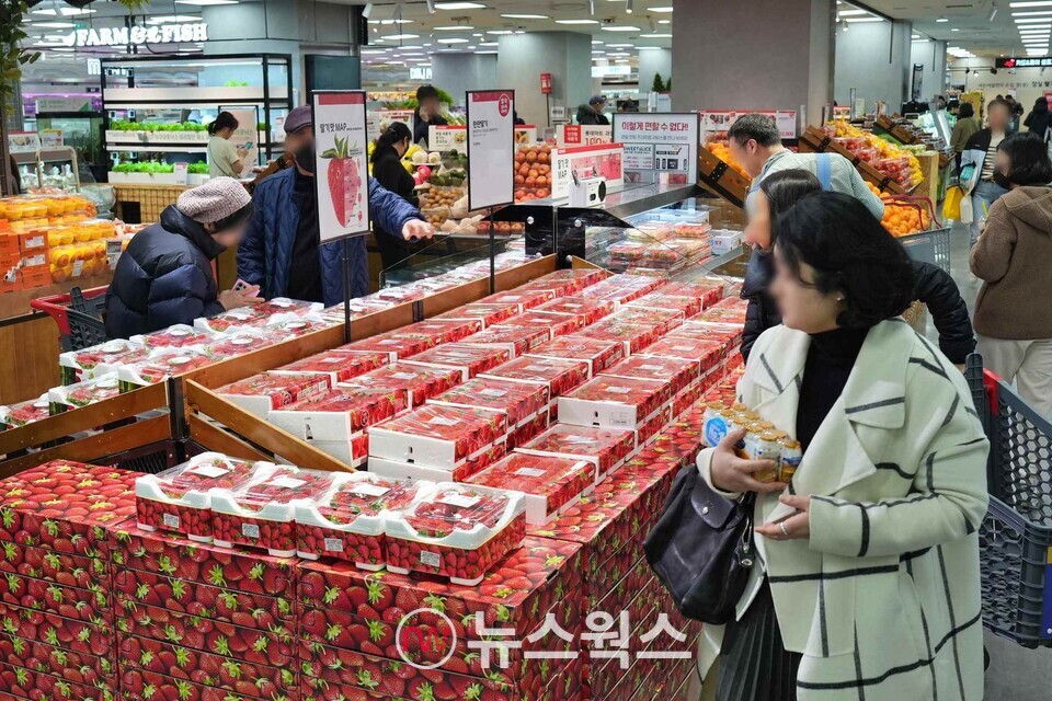 롯데마트 제타플렉스 잠실점 딸기 매대에서 고객들이 딸기를 고르고 있다. (사진제공=롯데마트)